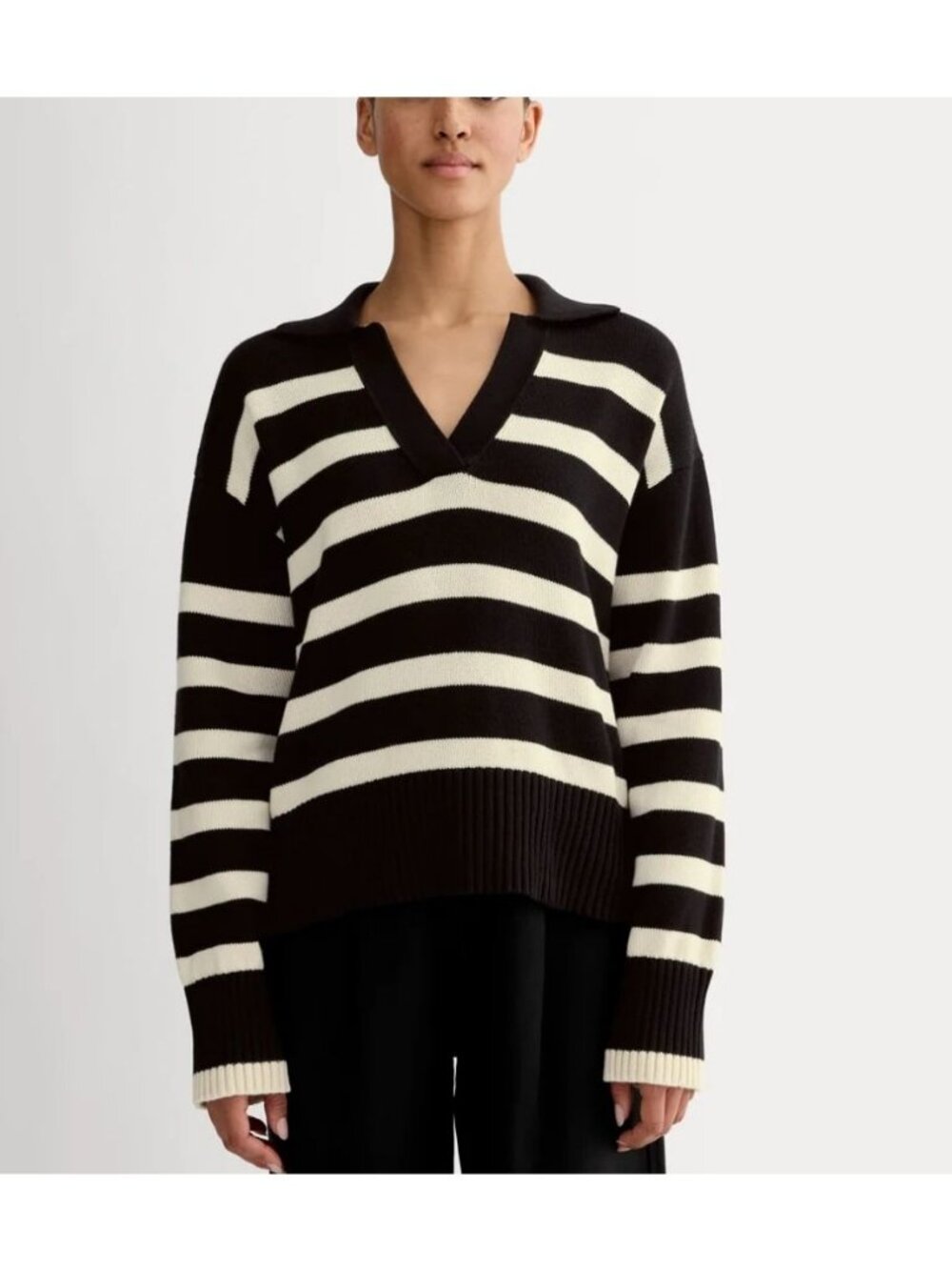 Everlane The Boxy Polo in Everyday Cotton Black White Stripe Size S NWT